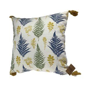 Creative Coop Pillow White Blue Green Gold Leaf Pattern 16" Square Tassel Corner